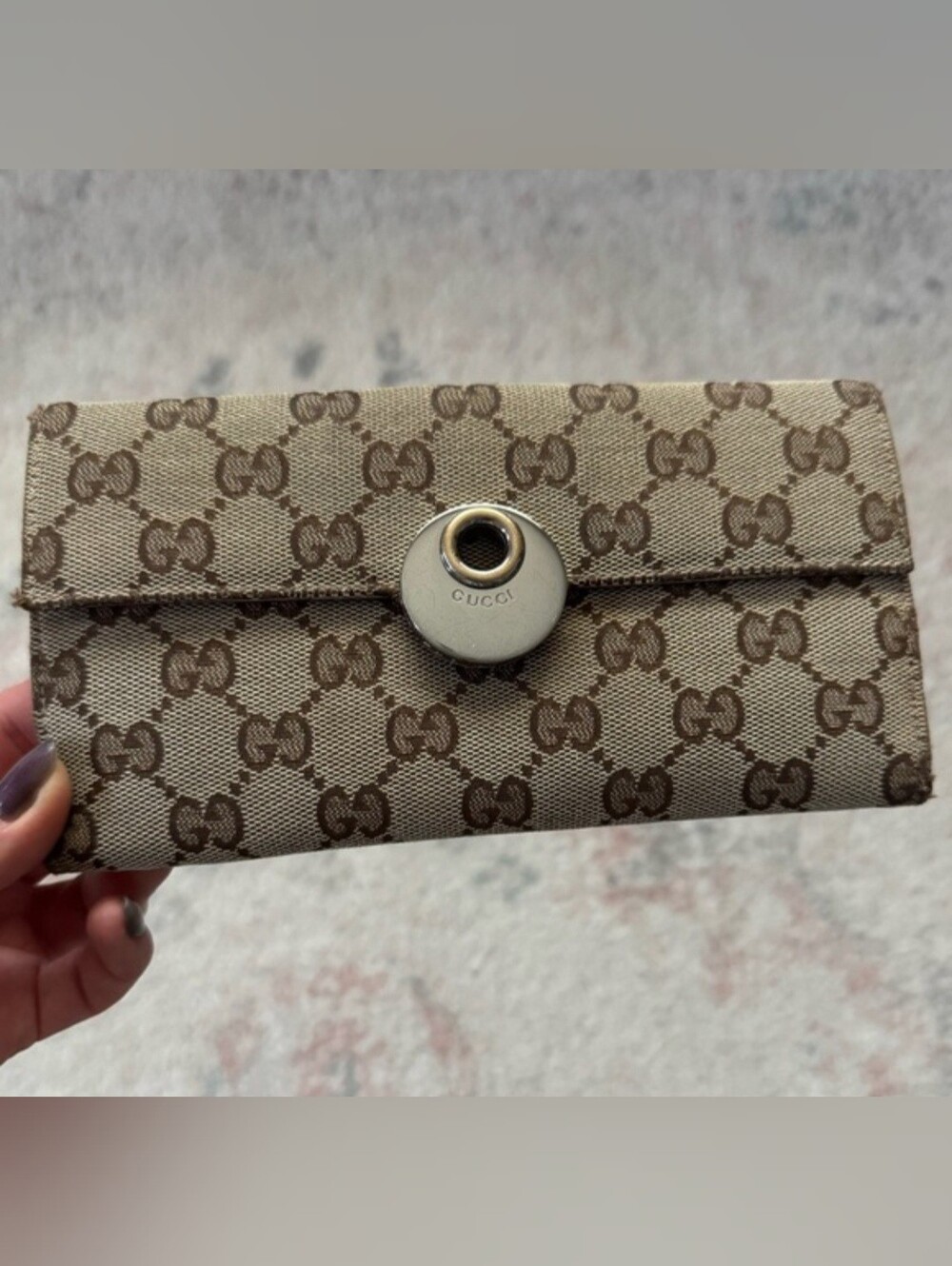Authentic Gucci Monogram Eclipse Continental Wallet With Dark Brown Leather